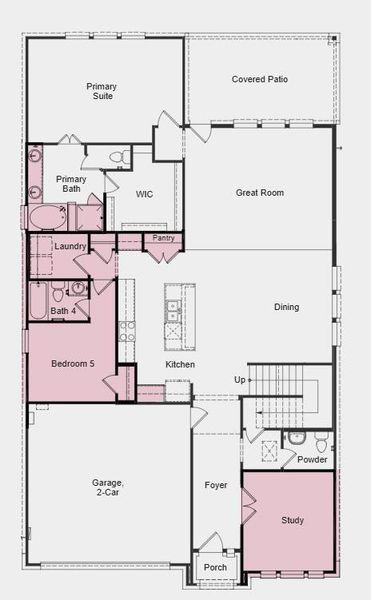 Additional Highlights Include: Study in place of flex, downstairs bedroom and full bathroom in place of tandem garage, slide-in tub at primary bath, and media room.