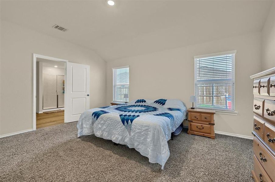 Carpeted bedroom with vaulted ceiling