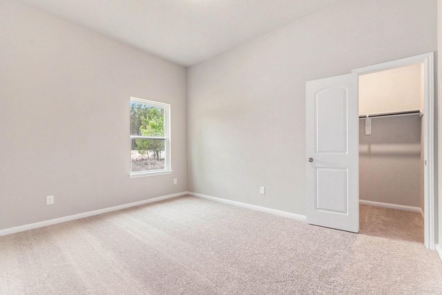 This photo shows a bright, carpeted bedroom with neutral walls, a single window overlooking greenery, and an open door leading to a spacious walk-in closet.
