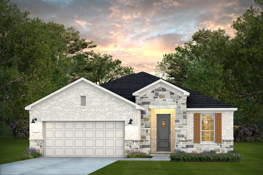 Front exterior of a new home in Del Webb Fulshear, Fulshear, TX, highlighting curb appeal (Image 1). Front exterior of a new home in Del Webb Fulshear, Fulshear, TX, highlighting curb appeal (Image 1).
