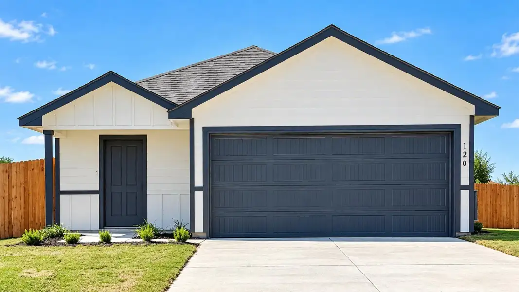 Front exterior of a new home in The Villages at Schwertner Ranch, Jarrell, TX, highlighting curb appeal (Image 1). Front exterior of a new home in The Villages at Schwertner Ranch, Jarrell, TX, highlighting curb appeal (Image 1).