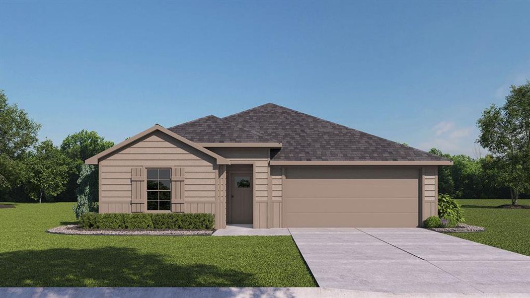 Single-story residence featuring a shingled roof, horizontal siding, and a two-car garage Single-story residence featuring a shingled roof, horizontal siding, and a two-car garage