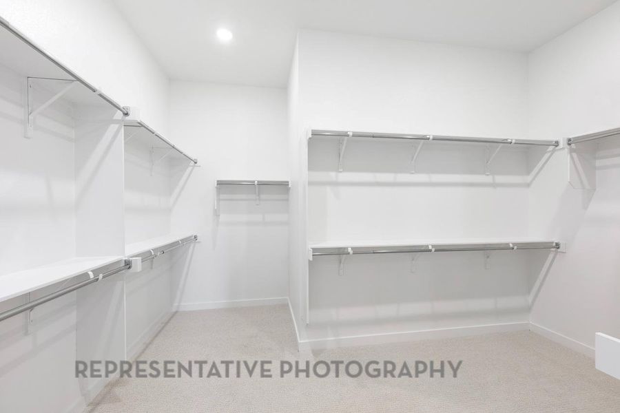 Walk in closet featuring light colored carpet