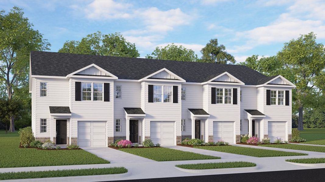 Front exterior of a new home in Edinborough Townes, Gibsonville, NC, highlighting curb appeal (Image 1).