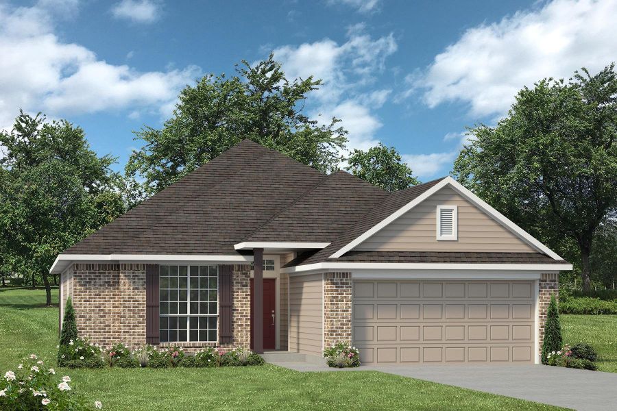 Front exterior of a new home in Sterling Ridge, Huntsville, TX, highlighting curb appeal (Image 1).