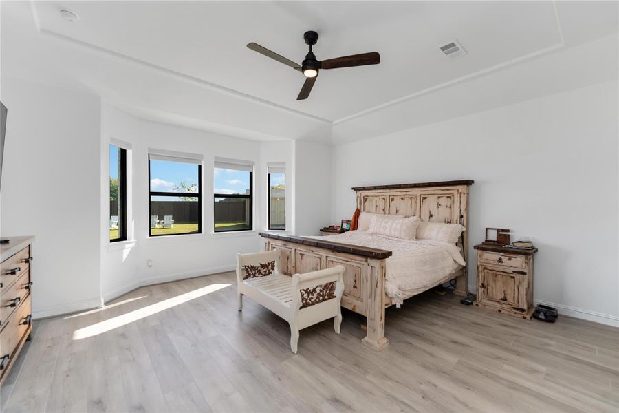 Upgraded hardwood flooring included in the primary bedroom. Upgraded hardwood flooring included in the primary bedroom.