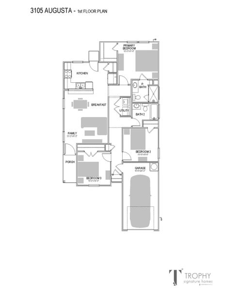 2D floor plan layout for the Augusta | Trinity Ranch - Texas Tree Series | 40' Lots by Trophy Signature Homes in Trinity Ranch, Elgin, TX (Image 3).