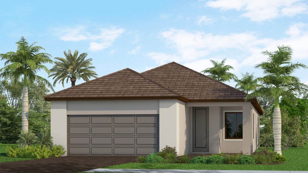 Front exterior of a new home in Palm Grove, Lakewood Ranch, FL, highlighting curb appeal (Image 17). Front exterior of a new home in Palm Grove, Lakewood Ranch, FL, highlighting curb appeal (Image 17).