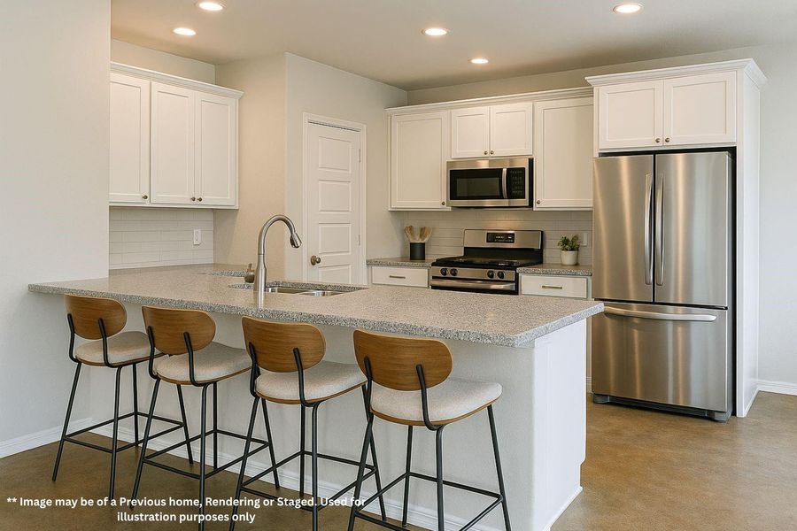 This redesigned kitchen will have a walkway space between the left side of the island adding more cabinets. Additional cabinets added to the left of the fridge providing more storage space.