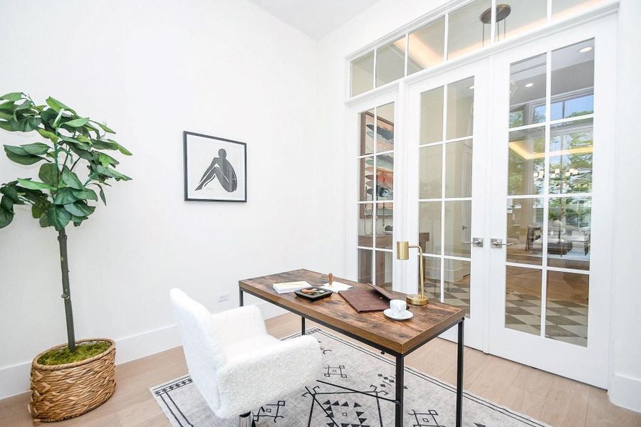 Bright and modern home office with a minimalist design, featuring a wooden desk, a white chair, and a large potted plant. Glass French doors let in ample natural light, while a geometric rug and wall art add elegant touches.
