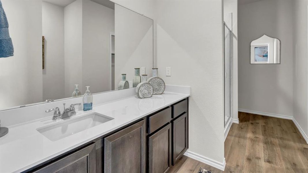 Bathroom featuring vanity, light wood-style flooring, and a shower stall Bathroom featuring vanity, light wood-style flooring, and a shower stall