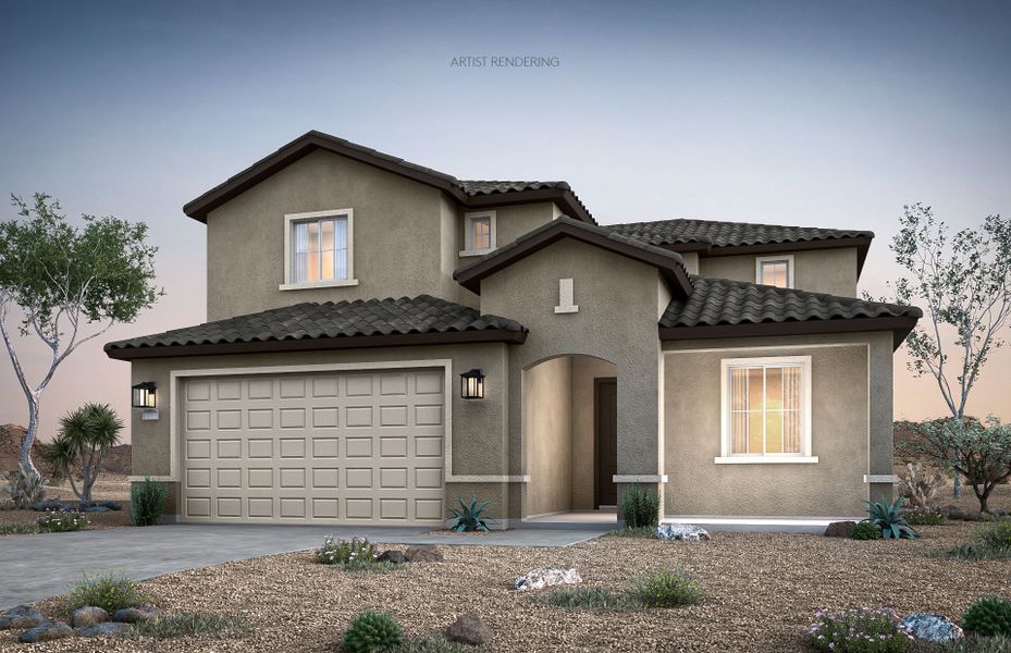 Representative exterior photo of a completed home built from the Prato by Pulte Homes in El Rancho Santa Rosa, Maricopa, AZ (Image 21). Representative exterior photo of a completed home built from the Prato by Pulte Homes in El Rancho Santa Rosa, Maricopa, AZ (Image 21).