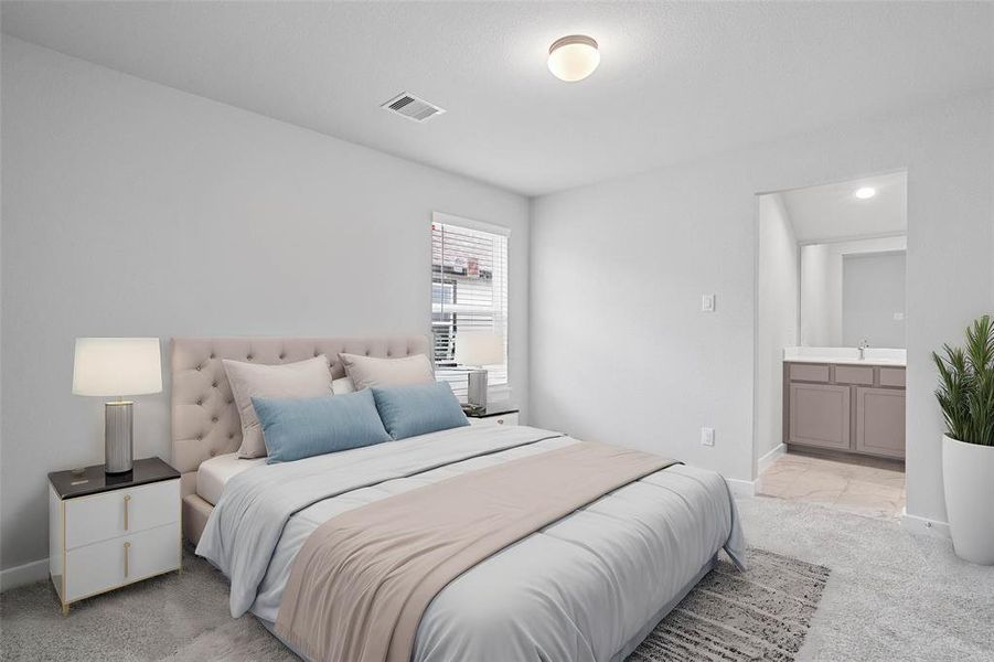 Secondary bedroom features plush carpet, custom paint, high ceilings, large window with privacy blinds and access to its own private vanity shared club bath.