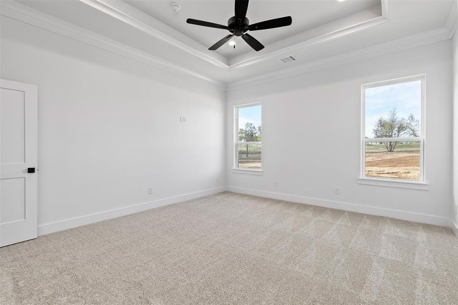 Spare room featuring ceiling fan, light carpet, and a tray ceiling