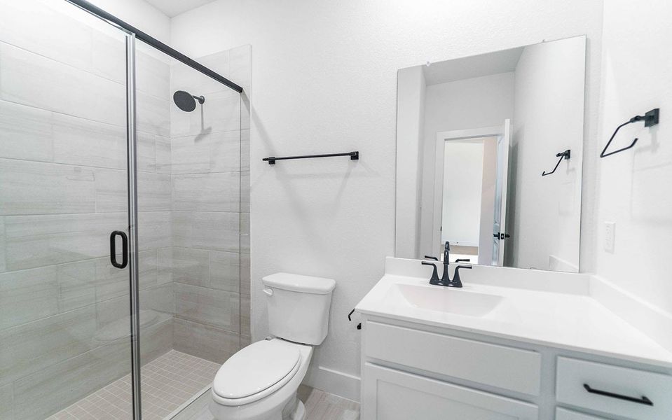 Full bath featuring vanity and a stall shower