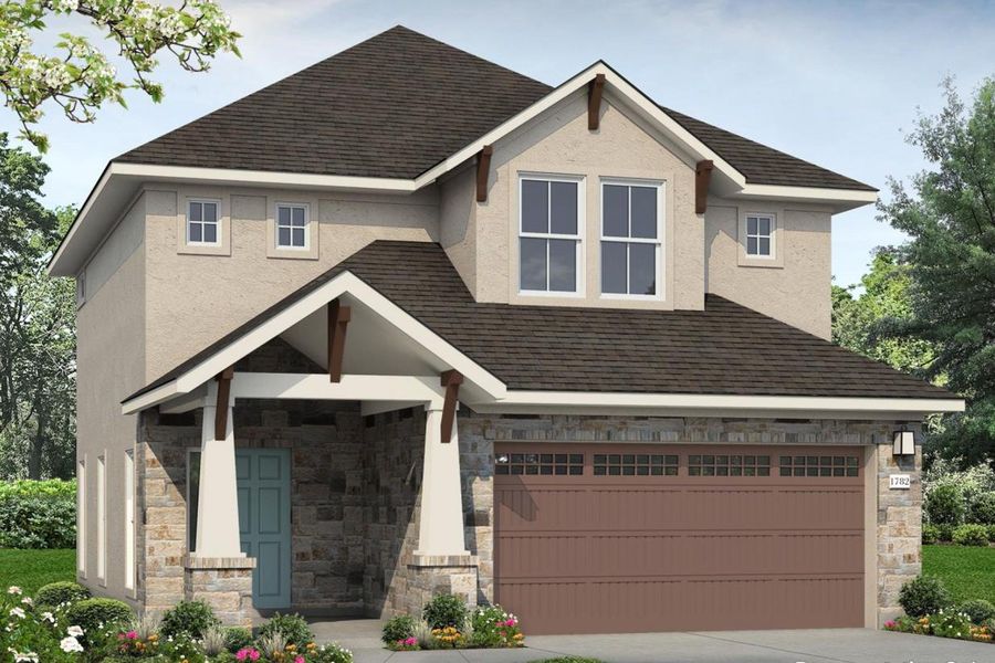 Front exterior of a new home in Clear Creek, Round Rock, TX, highlighting curb appeal (Image 1). Front exterior of a new home in Clear Creek, Round Rock, TX, highlighting curb appeal (Image 1).
