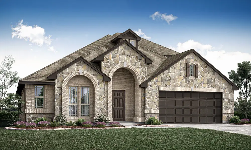 Single-story home with stone and brick exterior, arched entry, and two-car garage, Elevation B rendering