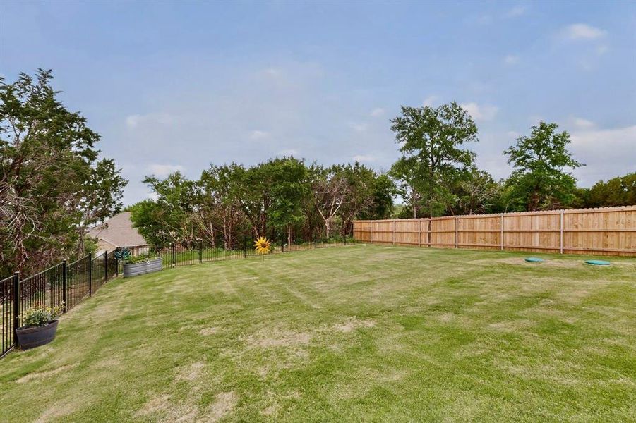 Expansive grassy yard with mature perimeter trees