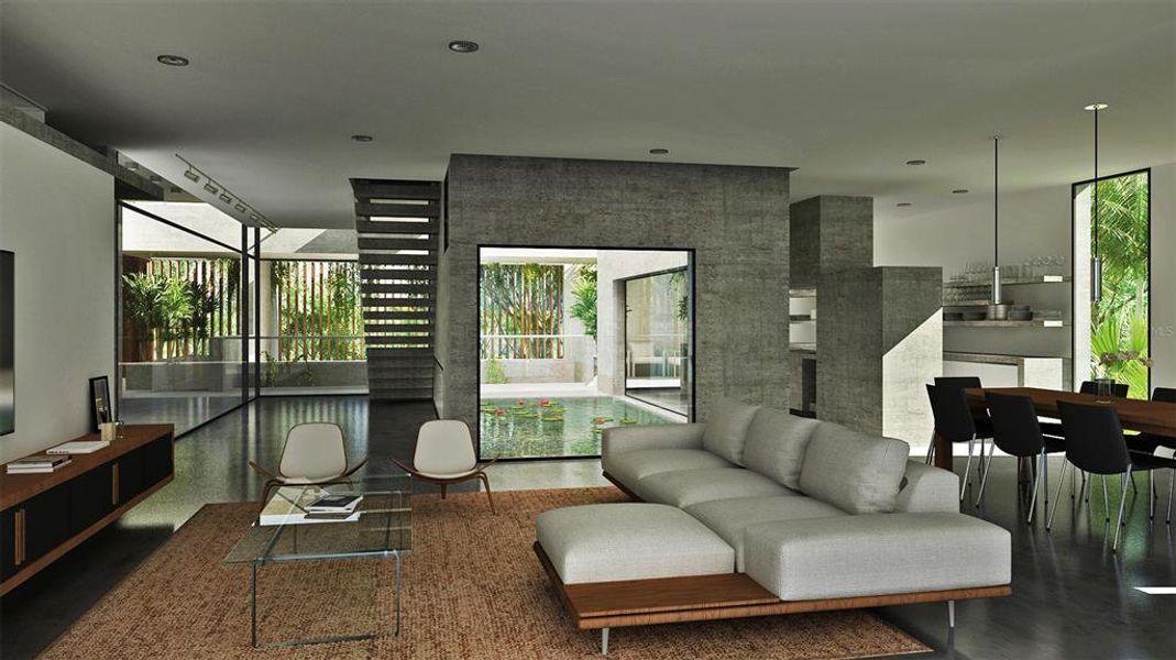 View inside Living Room toward Entrance and Courtyard Koi Pond