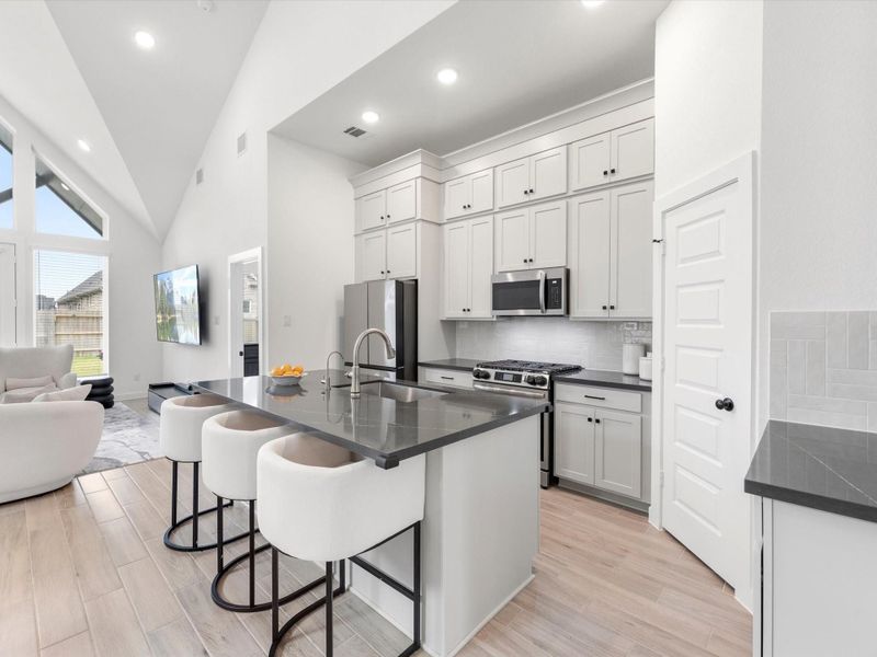 Modern, open-concept kitchen with cabinets up to the ceiling! Walk-in pantry and a large prep island w/seating for friends and family! Modern, open-concept kitchen with cabinets up to the ceiling! Walk-in pantry and a large prep island w/seating for friends and family!