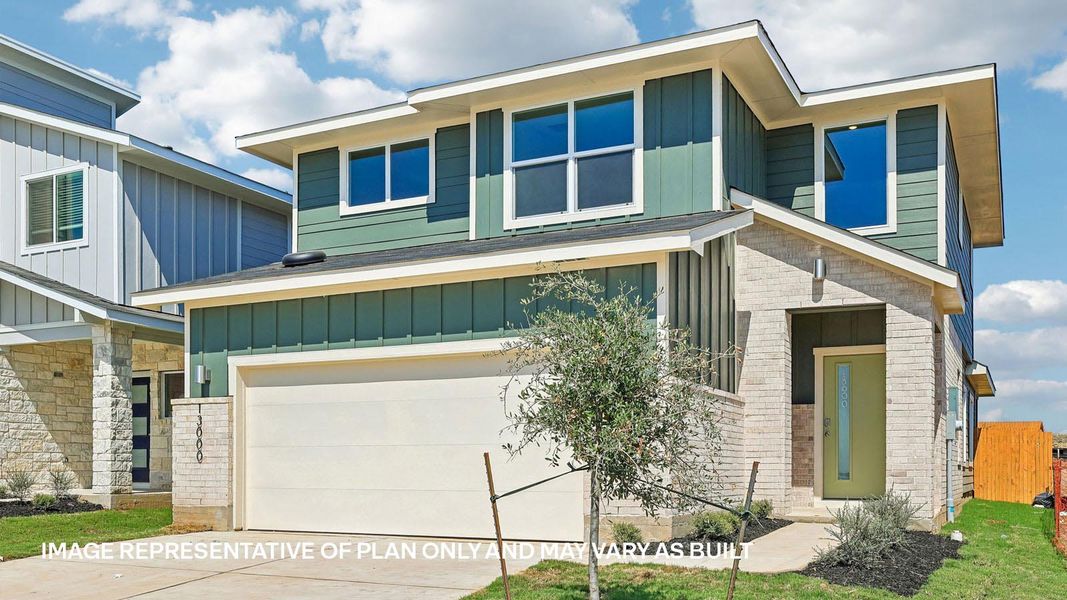Front exterior of a new home in Frontier, Mustang Ridge, TX, highlighting curb appeal (Image 21). Front exterior of a new home in Frontier, Mustang Ridge, TX, highlighting curb appeal (Image 21).