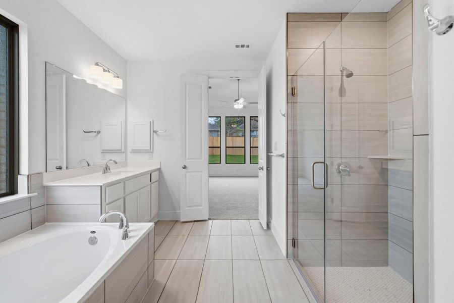 Primary Bath retreat with dual vanities, garden tub & walk-in shower