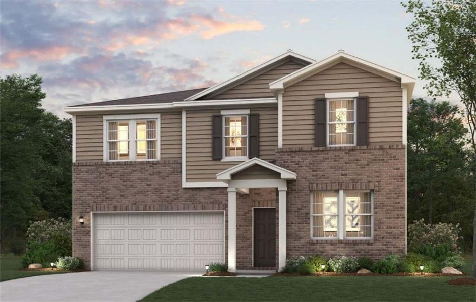 Front exterior of a new home in Kingsley Creek, Lithonia, GA, highlighting curb appeal (Image 1).