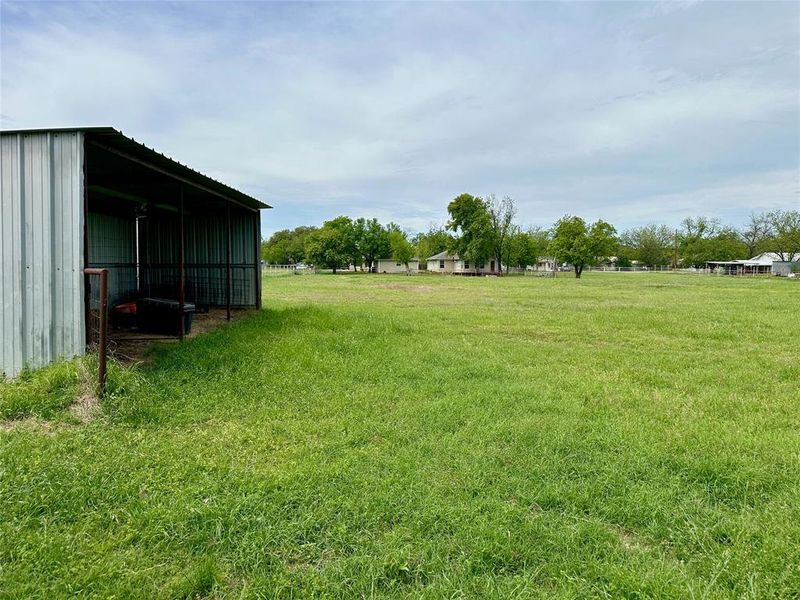 View of green lawn with an outbuilding
