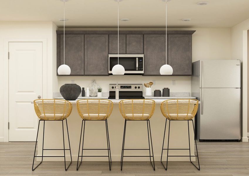 Rendering of a kitchen with grey cabinetry and stainless steel appliances. There are also 4 barstools at the counter. Rendering of a kitchen with grey cabinetry and stainless steel appliances. There are also 4 barstools at the counter.
