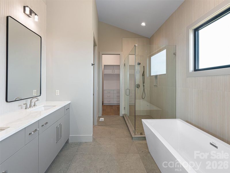 Primary Bathroom with Walk In Closet and Step-in Tile Shower & Soaker Tub