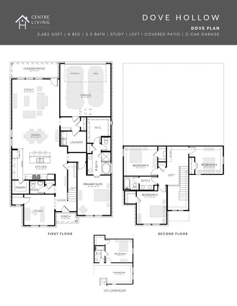 2D floor plan layout for the Dove by Centre Living Homes in Dove Hollow, Waxahachie, TX (Image 5).