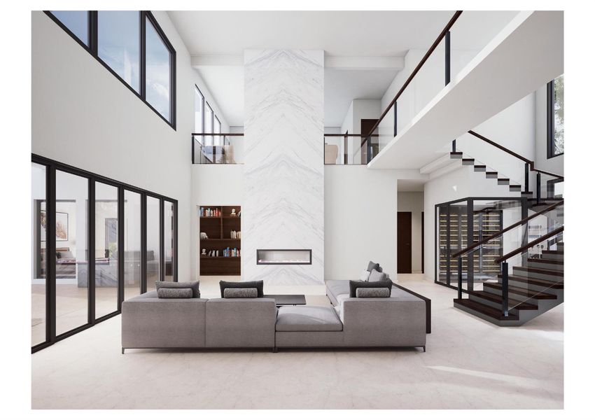 Living area featuring a towering ceiling, stairs, and a high end fireplace Living area featuring a towering ceiling, stairs, and a high end fireplace
