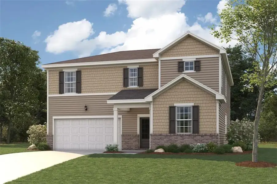 Front exterior of a new home in Hawthorne Reserve, Dallas, GA, highlighting curb appeal (Image 1). Front exterior of a new home in Hawthorne Reserve, Dallas, GA, highlighting curb appeal (Image 1).