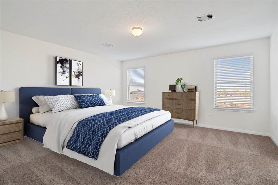 What a wonderful place to come home to, this stunning primary suite greets you with gorgeous plush carpet, custom paint, high ceiling, lighting, lovely windows with blinds allowing in natural light brightening up this spacious primary bedroom!