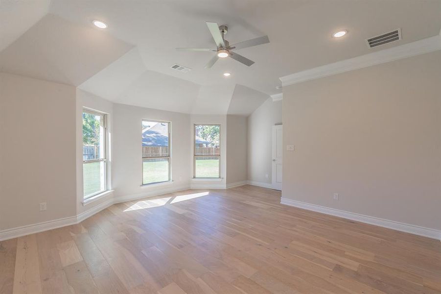 Unfurnished room with lofted ceiling, light hardwood / wood-style floors, ceiling fan, and crown molding