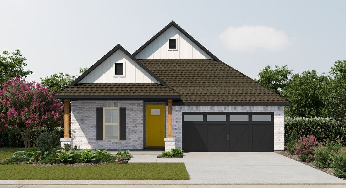 Representative exterior photo of a completed home built from the Jepson B II by DSLD Homes in Two Step Farm, Montgomery, TX (Image 4). Representative exterior photo of a completed home built from the Jepson B II by DSLD Homes in Two Step Farm, Montgomery, TX (Image 4).