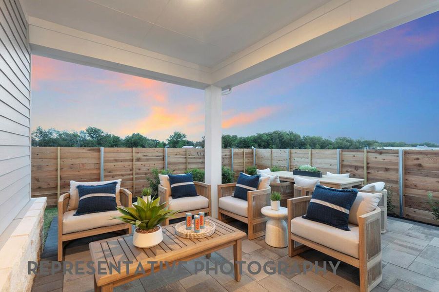 Exterior details and patio area of a home in Goodnight Ranch, Austin (Image 1). Exterior details and patio area of a home in Goodnight Ranch, Austin (Image 1).
