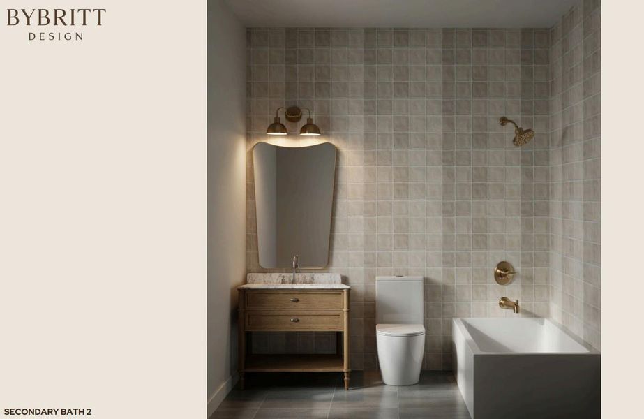 A well-appointed bathroom offers a sleek vanity, toilet, and modern bathtub against a tiled wall.