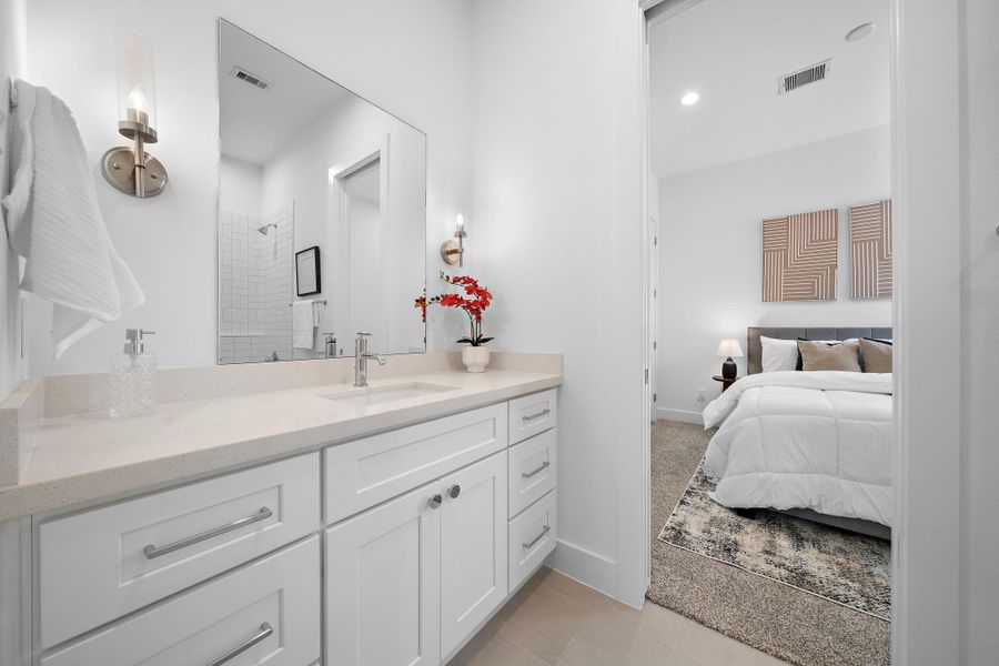 Looking into the secondary bedroom from the full bathroom downstairs!
