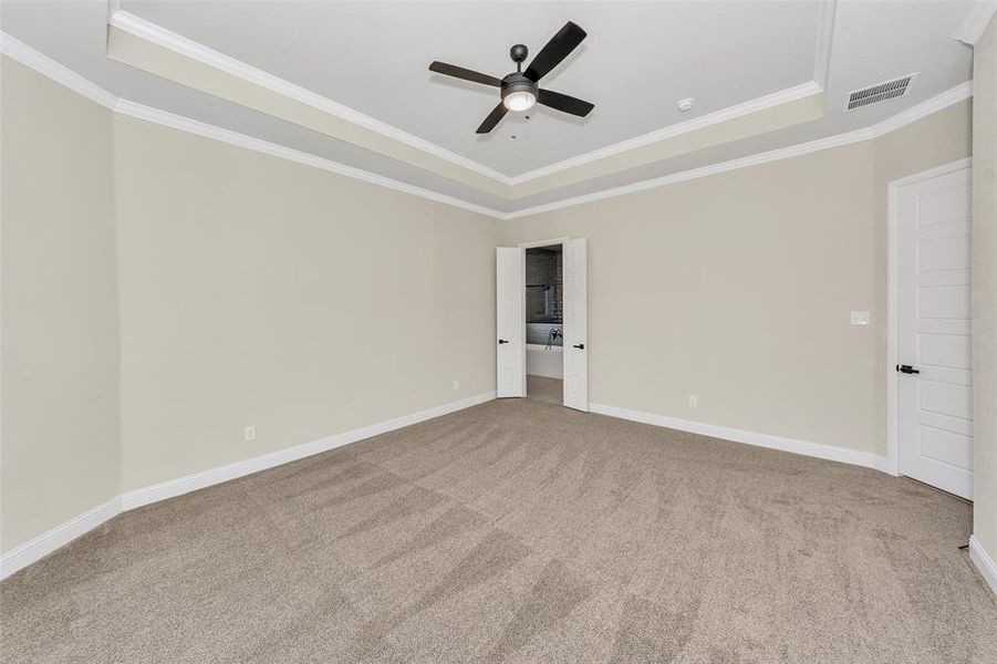 Unfurnished room featuring ceiling fan, a raised ceiling, light colored carpet, and crown molding