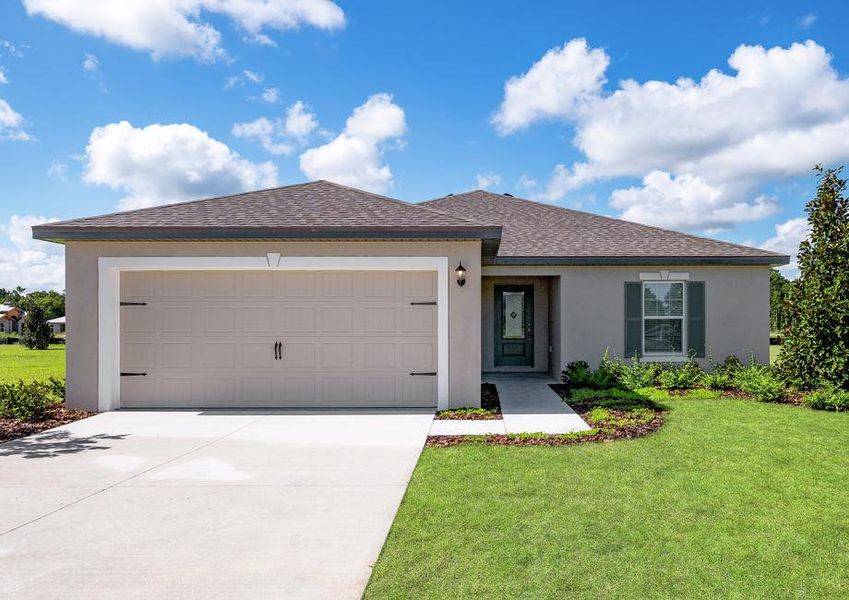 One-story home with front yard landscaping, a covered entryway and a two-car garage.