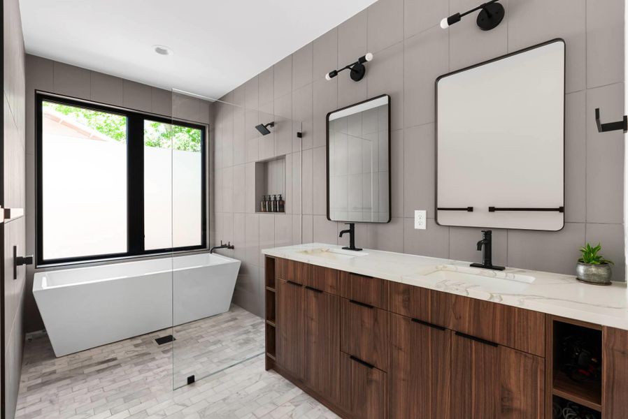 Luxurious wetroom with soaking tub.