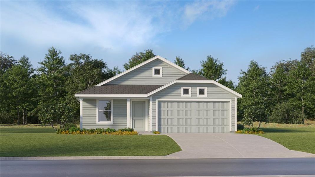 View of front of property with a front yard, driveway, roof with shingles, and an attached garage
