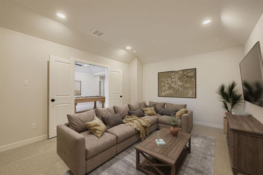 Virtually staged photo - Carpeted living room featuring baseboards and lofted ceiling