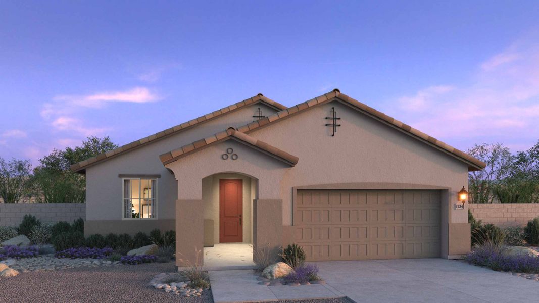 Front exterior of a new home in Copper Falls, Buckeye, AZ, highlighting curb appeal (Image 1). Front exterior of a new home in Copper Falls, Buckeye, AZ, highlighting curb appeal (Image 1).