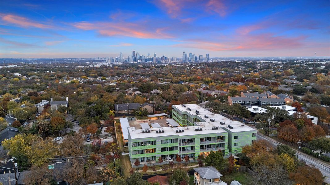 Drone / aerial view with a city view