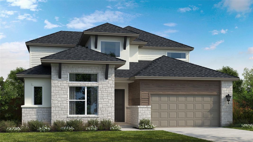 Front exterior of a new home in Blackhawk, Pflugerville, TX, highlighting curb appeal (Image 2).