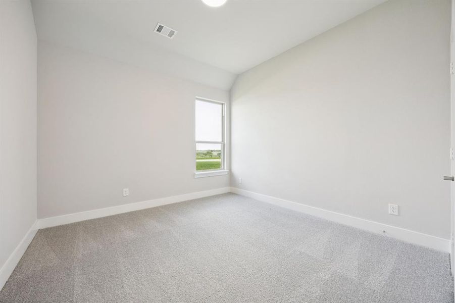 Spare room with light carpet and lofted ceiling