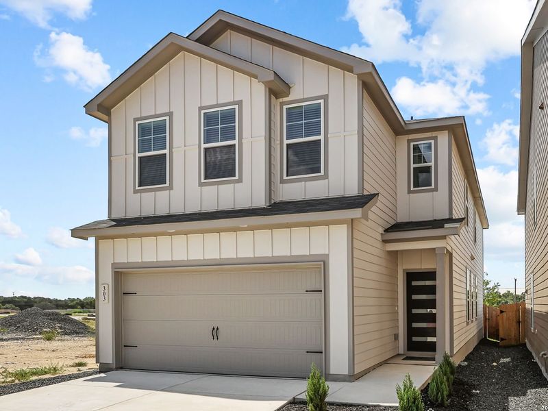 Front exterior of a new home in Meadows at Oak Creek, San Antonio, TX, highlighting curb appeal (Image 21).