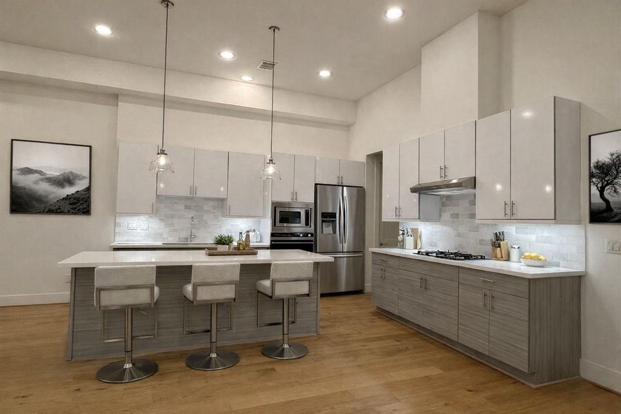 Eight-foot island in this stunning contemporary kitchen!   Virtual staging added.